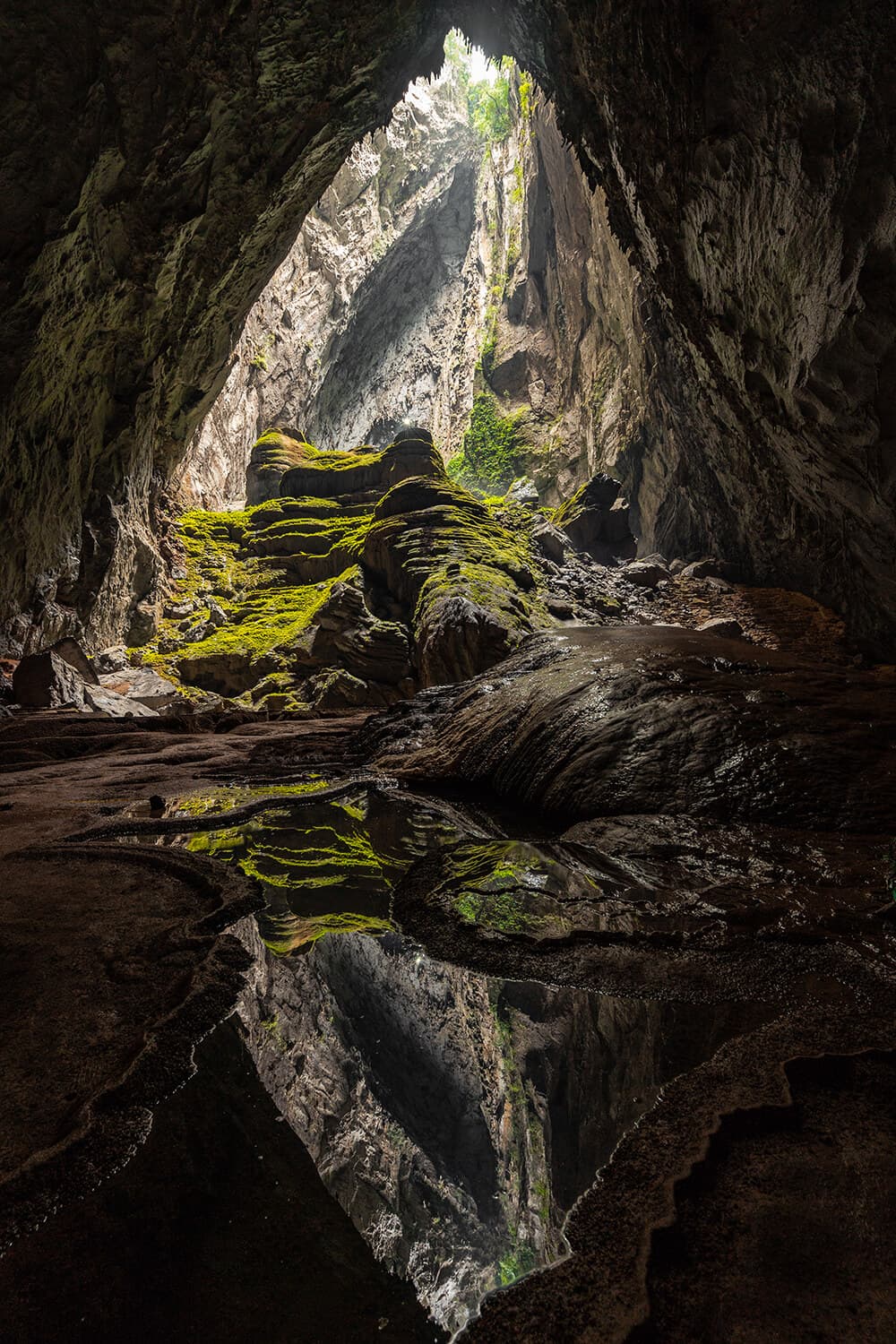 Sunlight falling through a collapsed doline into Son Doong Cave, Vietnam, with jungle growing inside and the cave floor reflecting the opening above