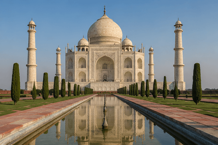 The Taj Mahal reflected in its pool, Agra
