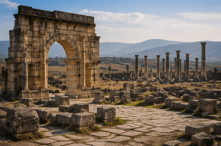 The Arch of Caracalla and a row of Corinthian columns at Volubilis, Morocco