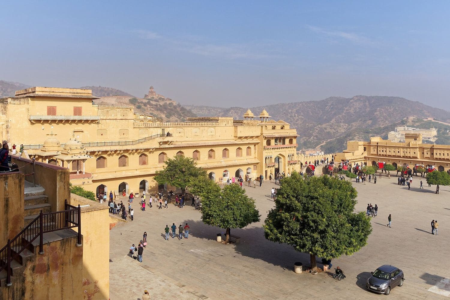 The courtyard and palace walls of Amber Fort, Jaipur, below the Aravalli hills