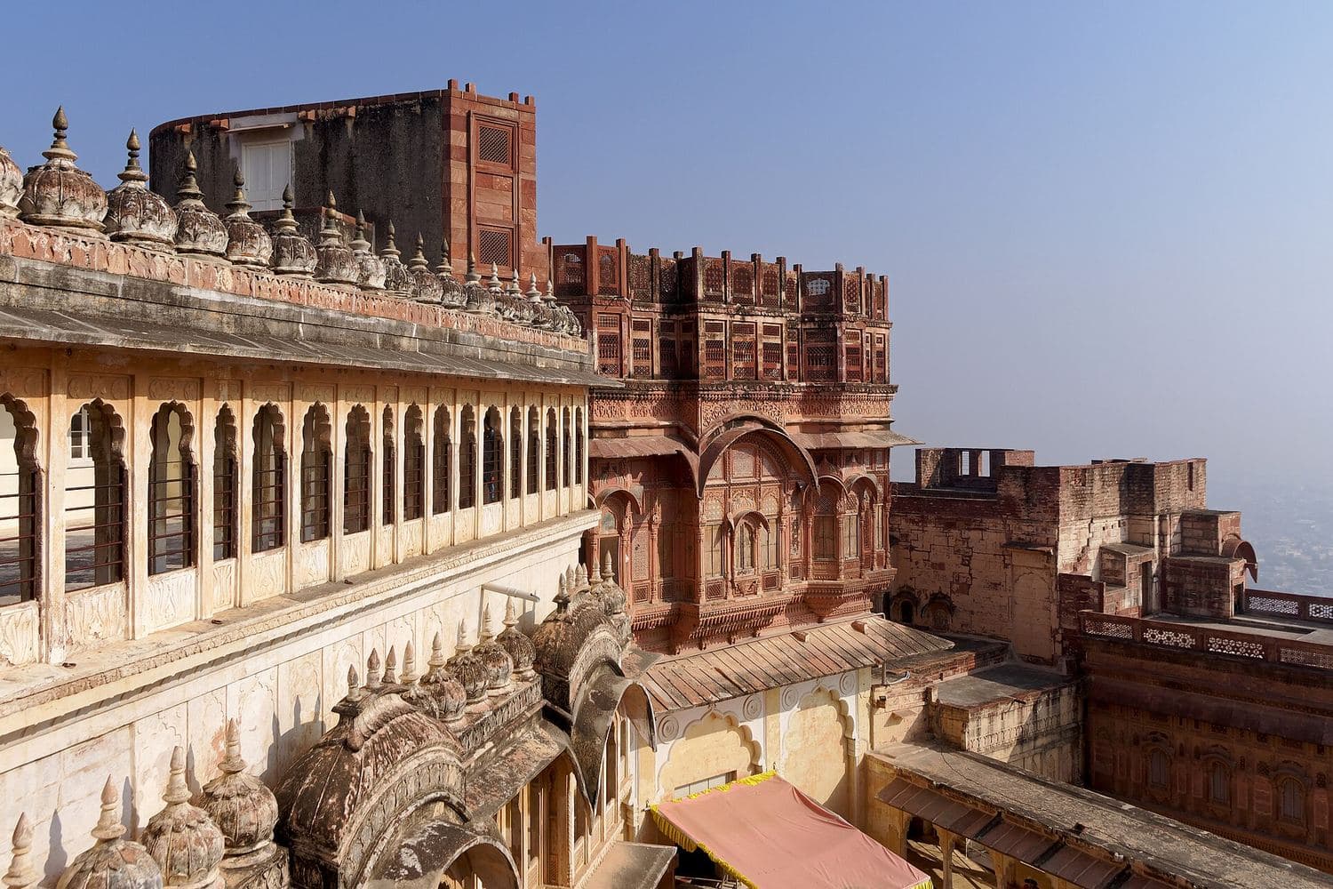 Carved sandstone palaces inside Mehrangarh Fort, Jodhpur